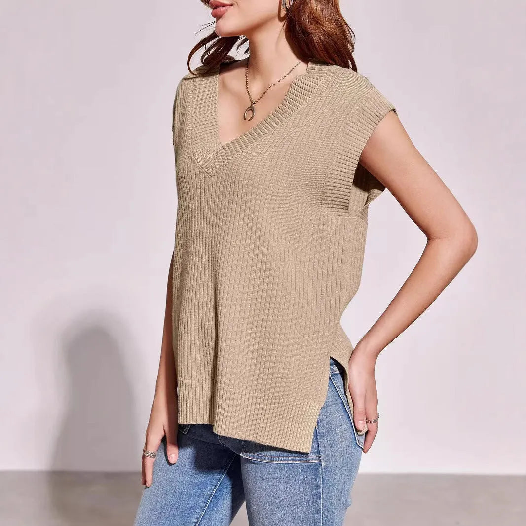 Women's V-neck sleeveless pullover vest in camel colour with striped pattern, loose fit