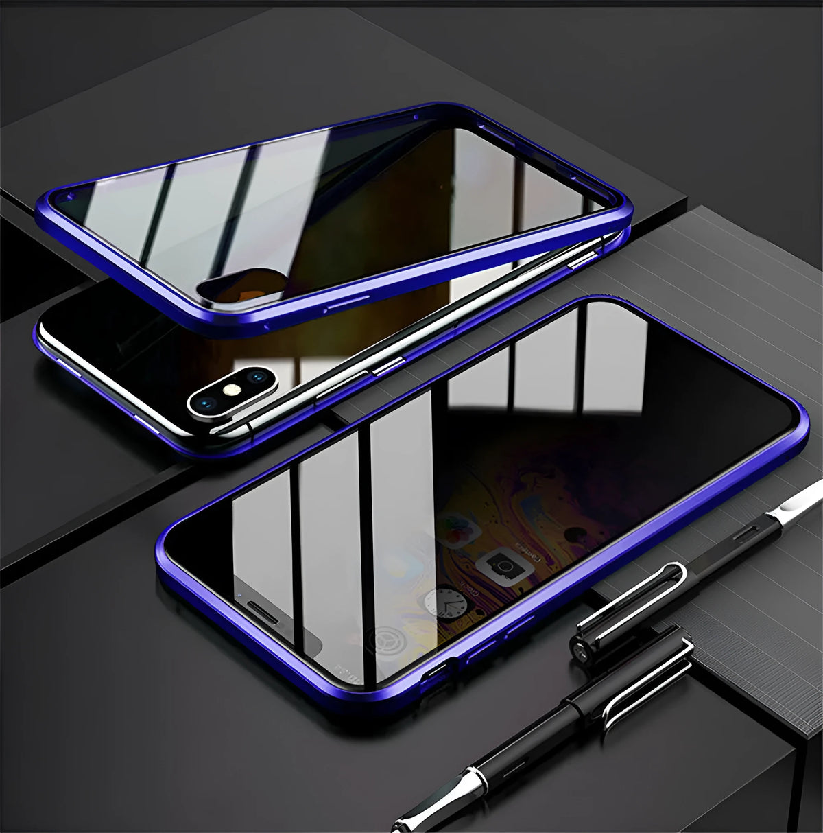 Magnetic privacy glass iPhone case with metal frame and 9H anti-peep front glass, 3-colour set