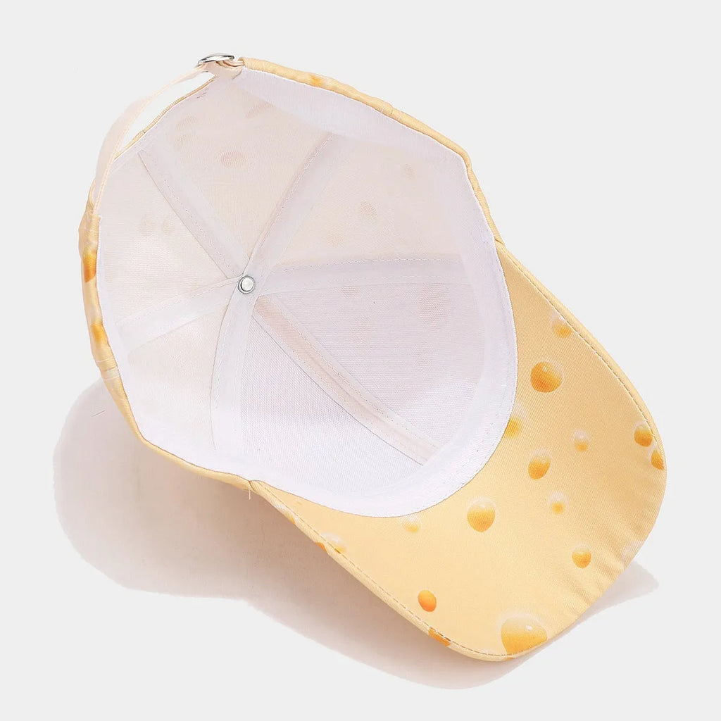 Cheese pattern printed peaked cap with adjustable strap and dome crown