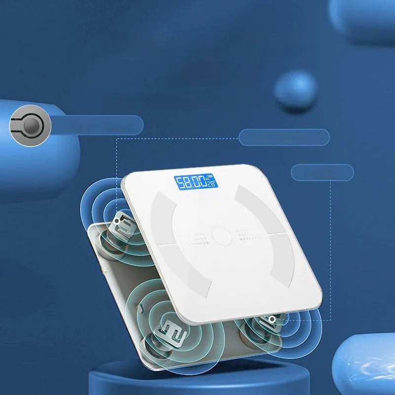Smart Bluetooth body fat scale in white colour showing digital display with weight and body fat readings