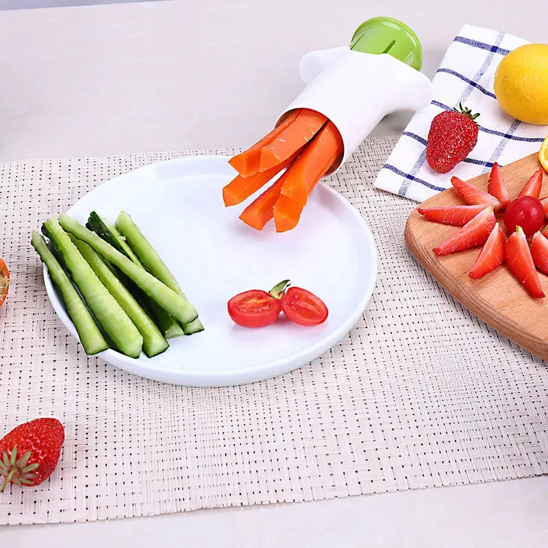 White ABS plastic vegetable and fruit slicer with six stainless steel blades.