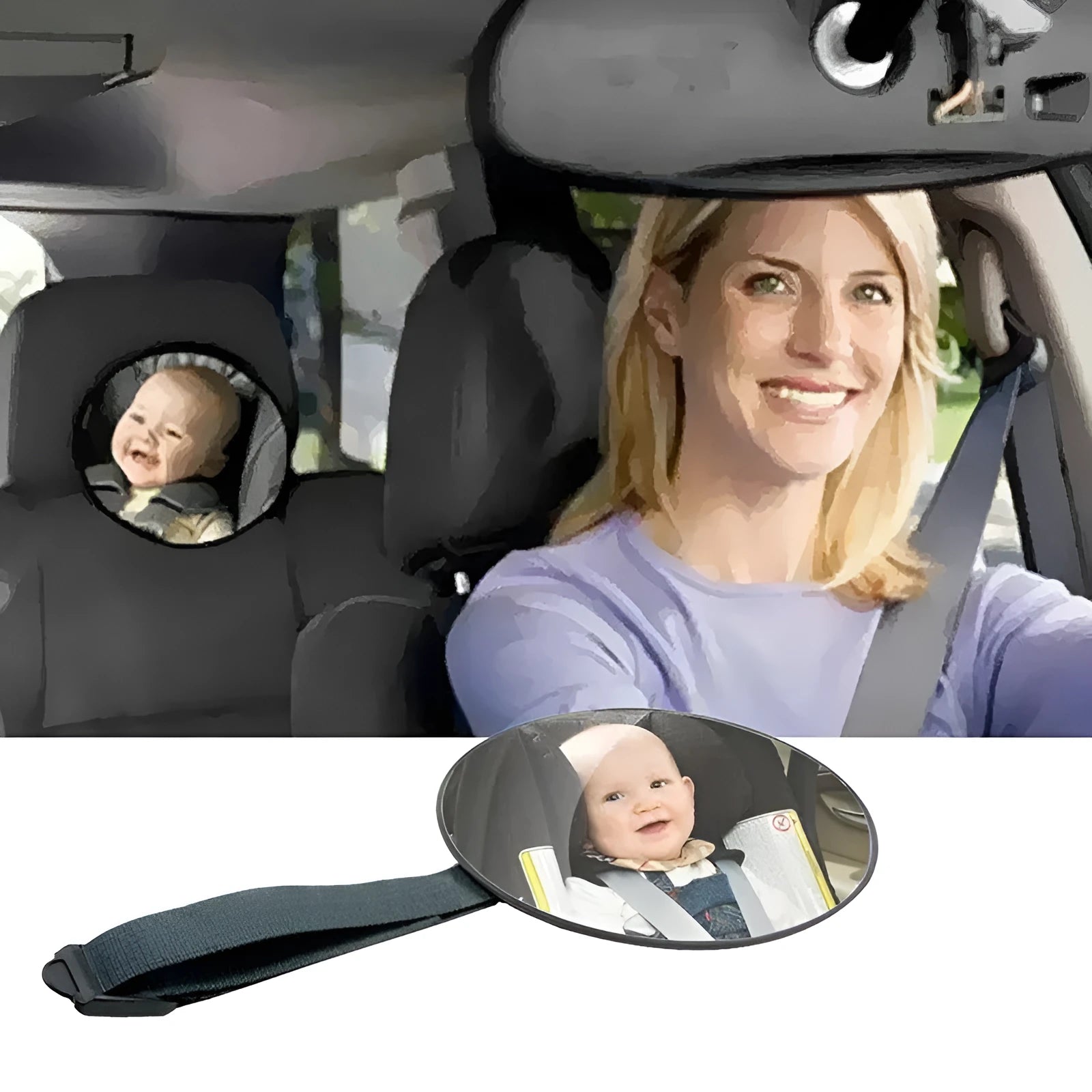 Black baby safety seat rearview mirror with 17cm diameter mounted on car headrest