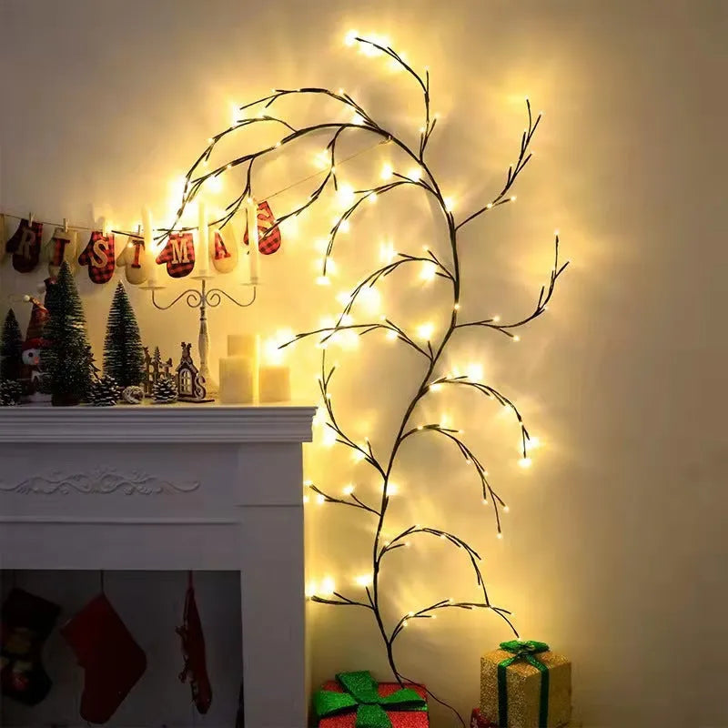 Flexible willow vine LED light garland with birch bark texture and warm white lights