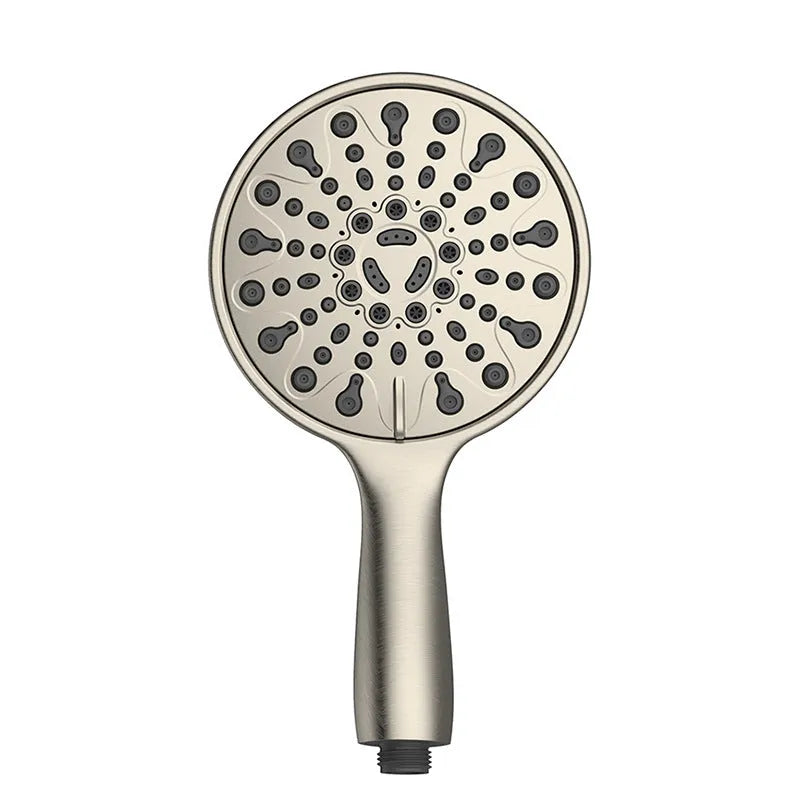 Portable 6-inch handheld shower head with electroplated finish showing multiple spray functions