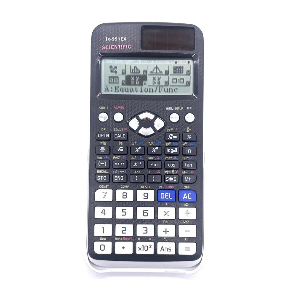 CASIO fx-991EX scientific calculator in black, blue, or pink with solar panel and dot matrix display