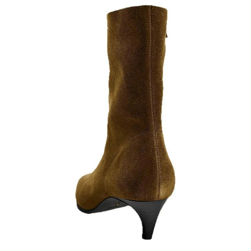 Women's brown square toe ankle boots with a side zipper and a mid-height kitten heel.