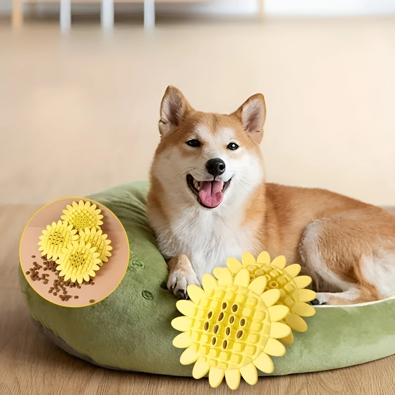 Yellow rubber sunflower dog chew toy with 10cm diameter head and 5cm stem