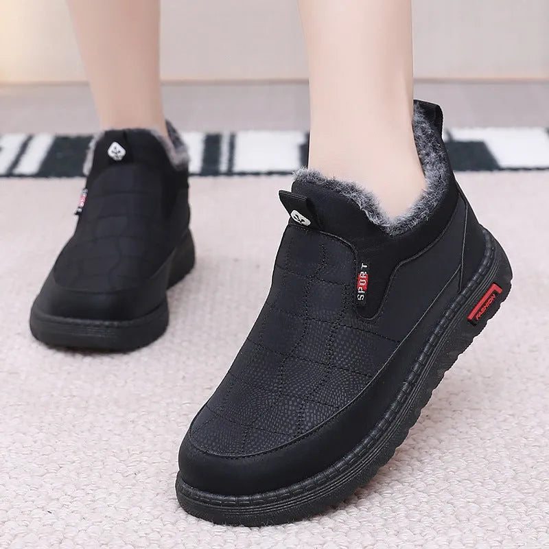Women's black casual flat cotton boots with synthetic leather upper and rubber soles