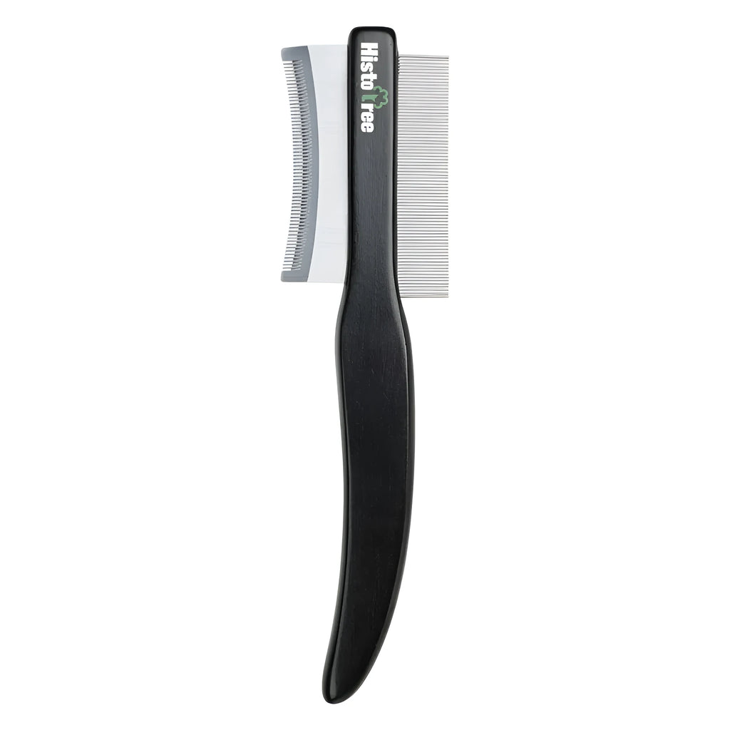 Black dual-sided pet grooming comb with wooden handle and stainless steel teeth for cats and dogs