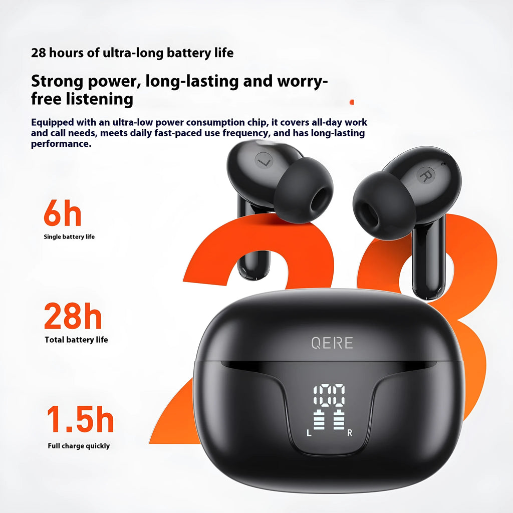 White and black TWS noise reduction wireless earbuds in charging case with digital battery display