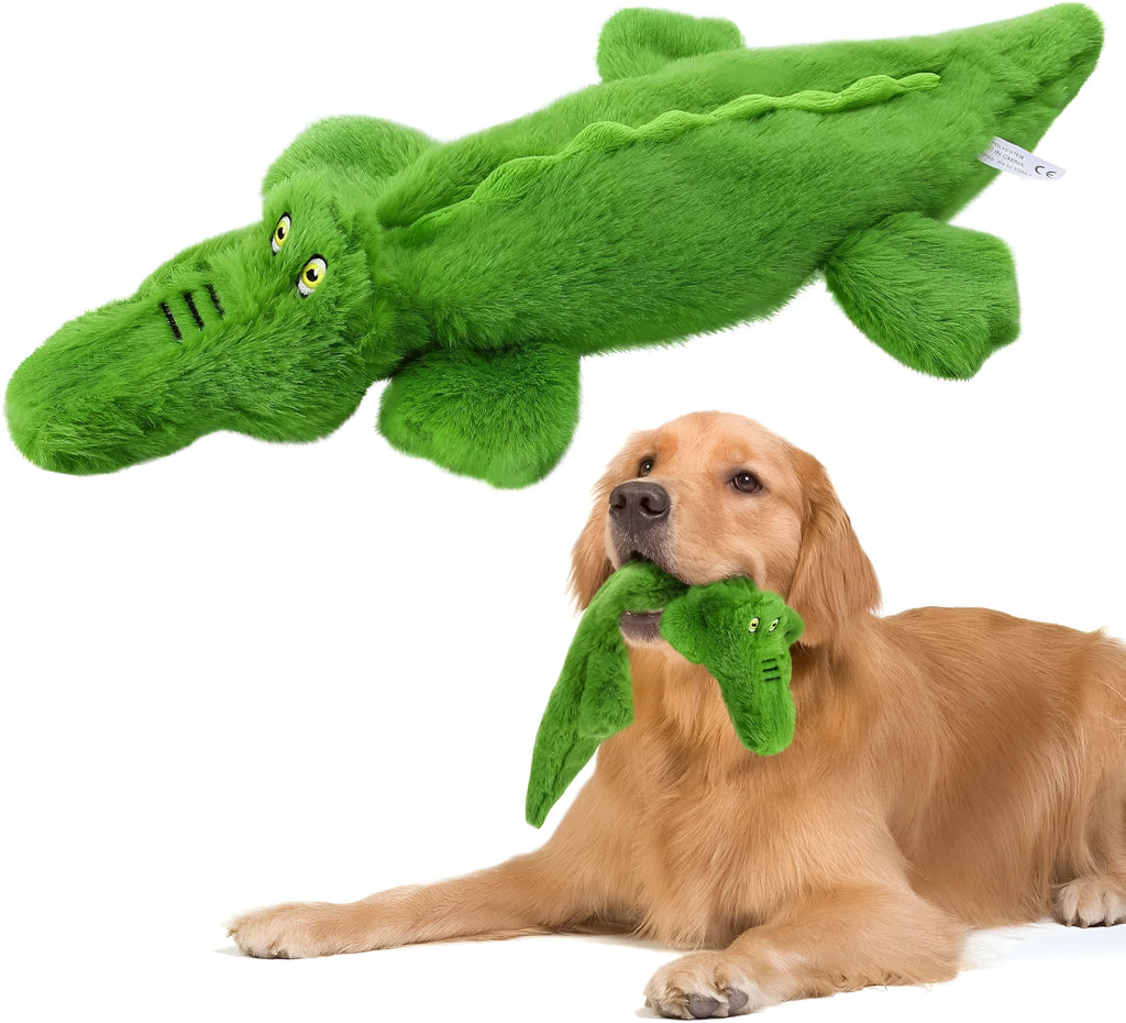 Green crocodile-shaped plush dog toy with no stuffing for safe chewing