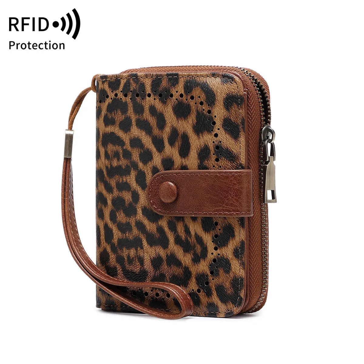 Leopard print multifunctional zipper wallet showing card slots and contrast stitching details
