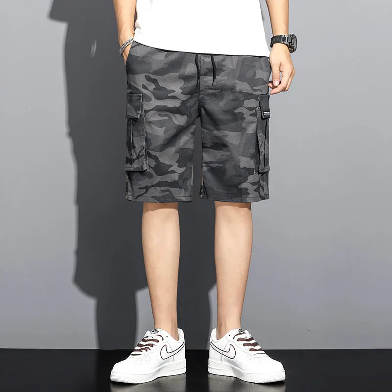 Men's camouflage five-point workwear shorts, mid waist drawstring, thin polyester, sizes M to 4XL