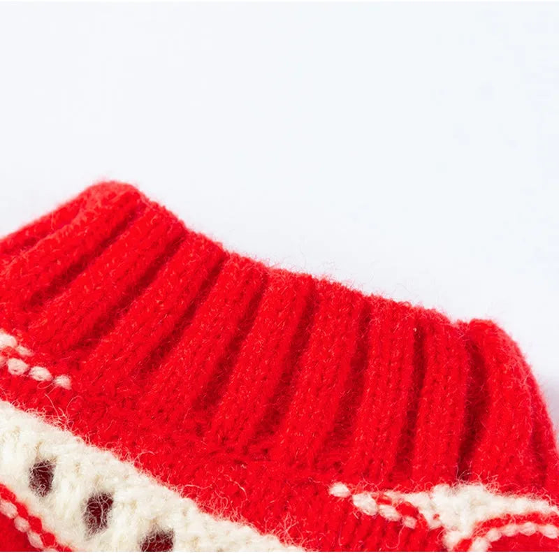 Red and white knitted pet sweater with cut-out detail and 3D cherry embroidery for small dogs and cats