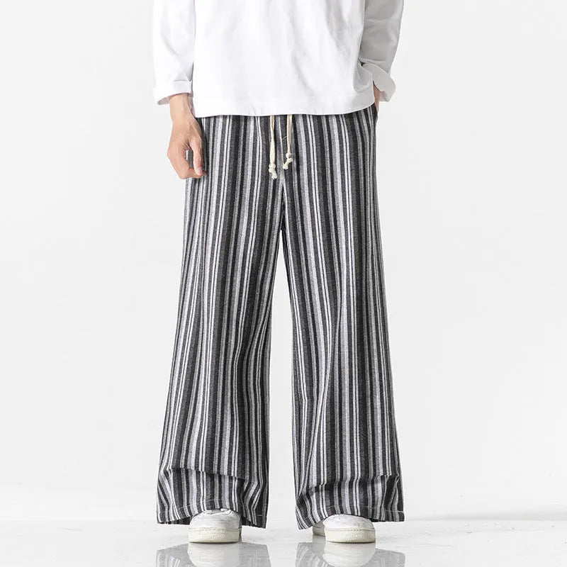 Man wearing vintage stripe loose straight leg cotton blend mopping pants in khaki colour.