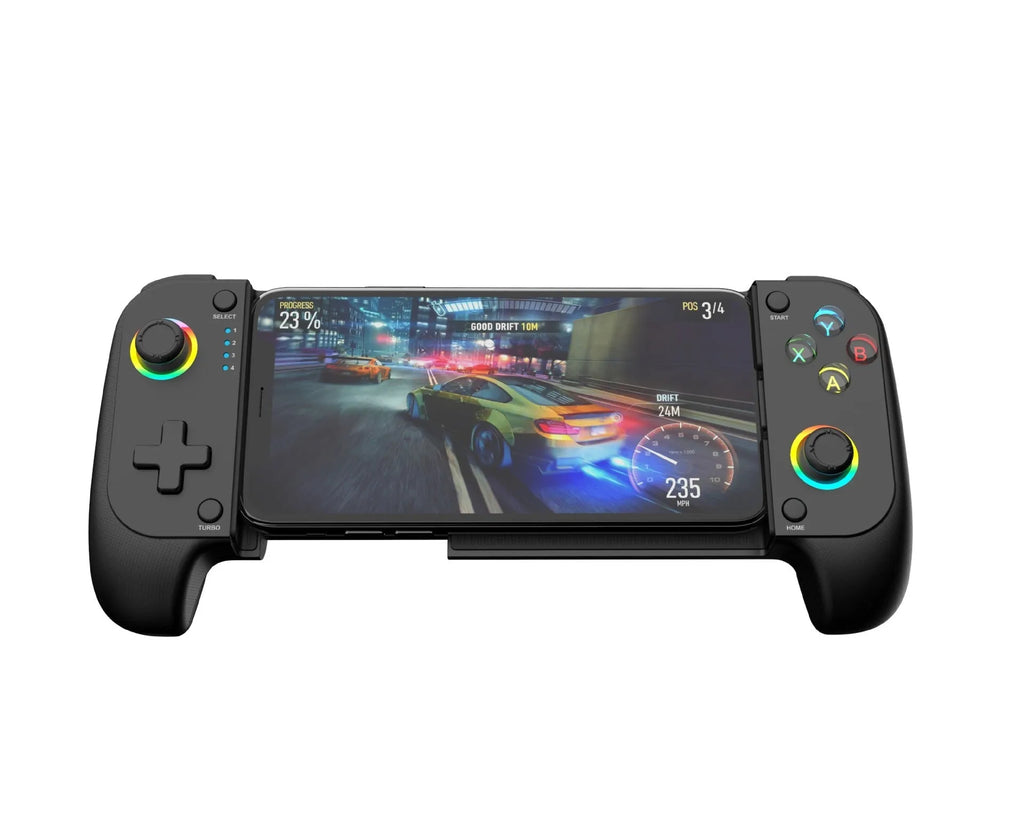 Bluetooth stretching mobile game controller holding smartphone with physical buttons and Type-C port