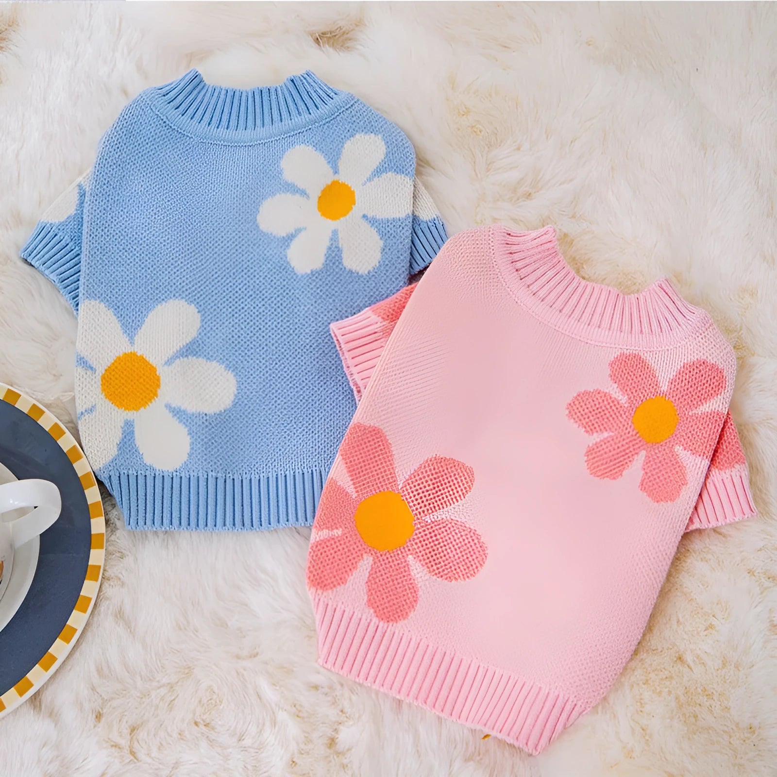 Small dog wearing blue polyester autumn winter clothing with weight-based sizing guide