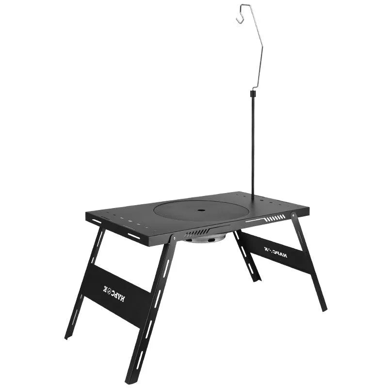 Folding outdoor cooking table with steel construction and grill set for camping