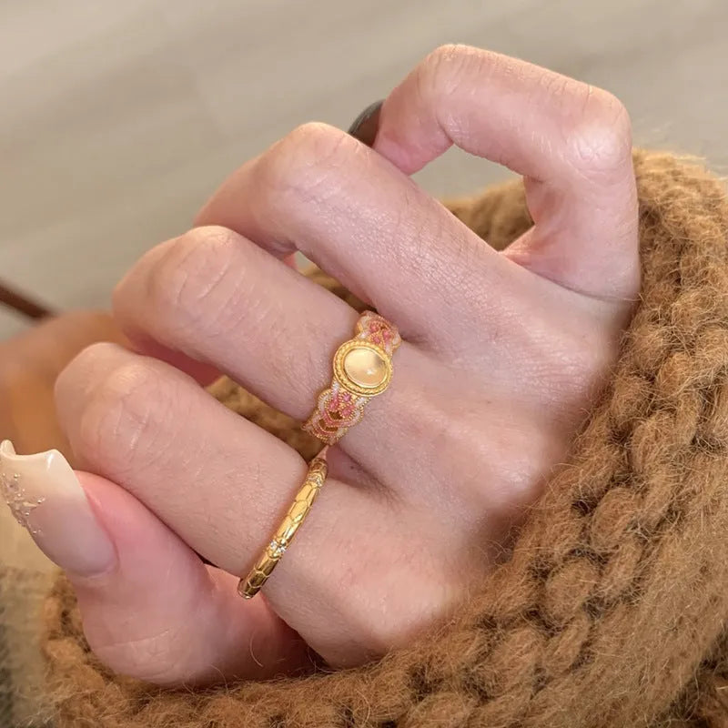 Pink crystal enamel geometric open ring with gold-plated copper adjustable design