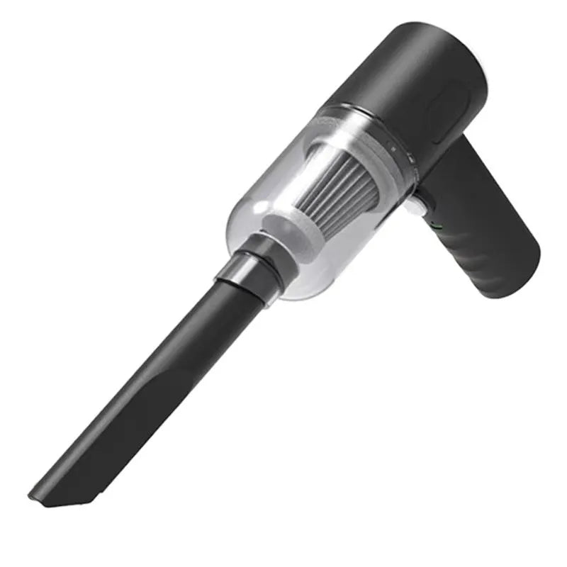 Black handheld portable car vacuum cleaner with USB charging cable