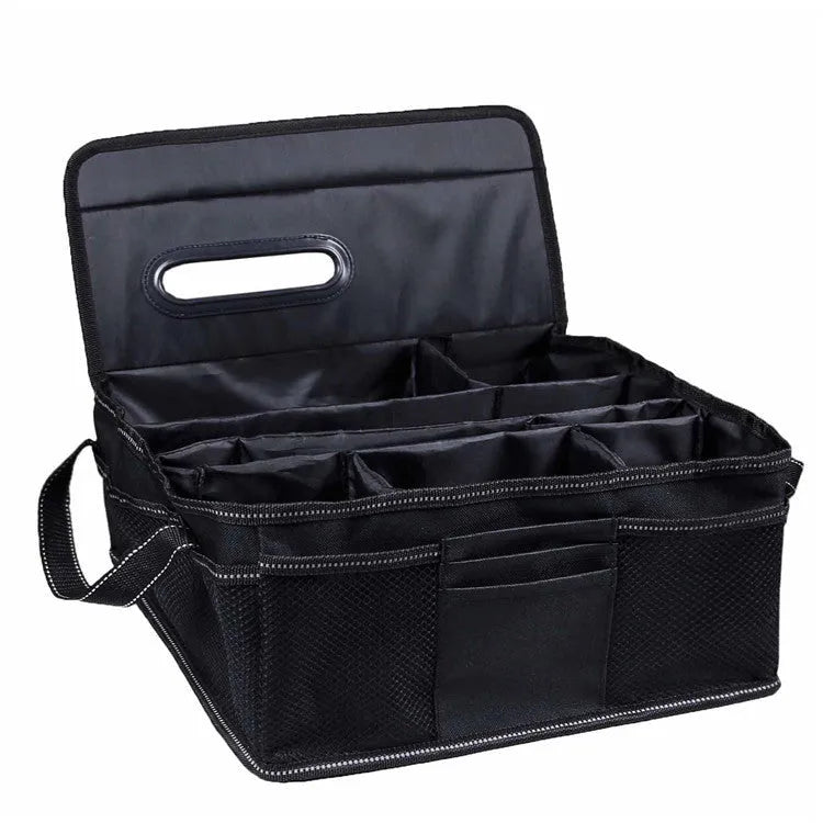 Black oxford cloth car boot storage box organiser measuring 33cm by 33cm by 16cm.