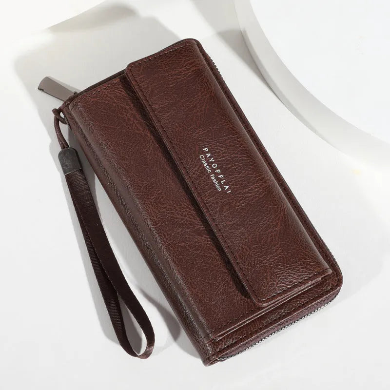 Men's black casual long PU leather wallet with multiple card slots shown open.
