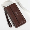 Men's black casual long PU leather wallet with multiple card slots shown open.
