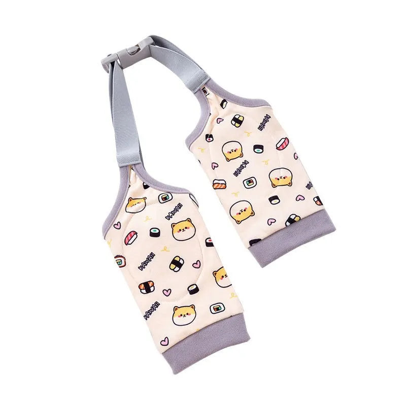 Blue adjustable dog knee protector wrap with a matching scarf on a medium-sized dog