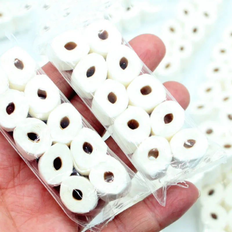 Miniature paper model of a tissue roll for children's play, measuring 30mm by 15mm by 80mm.