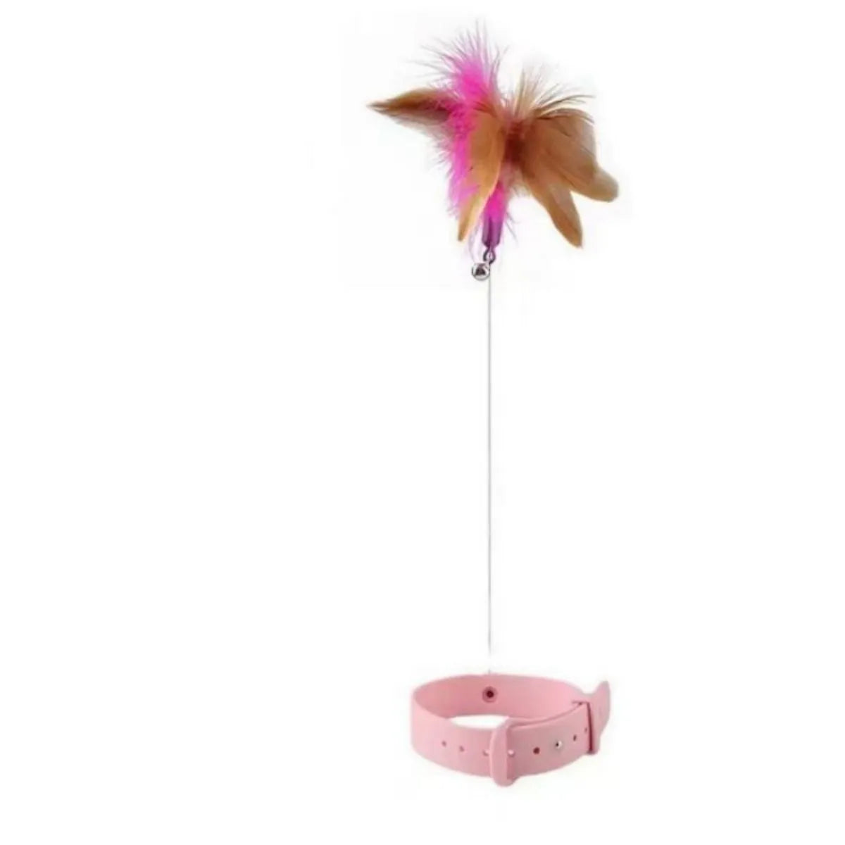 Blue adjustable cat collar with attached silicone wand, dangling feather, and a small bell for interactive play.