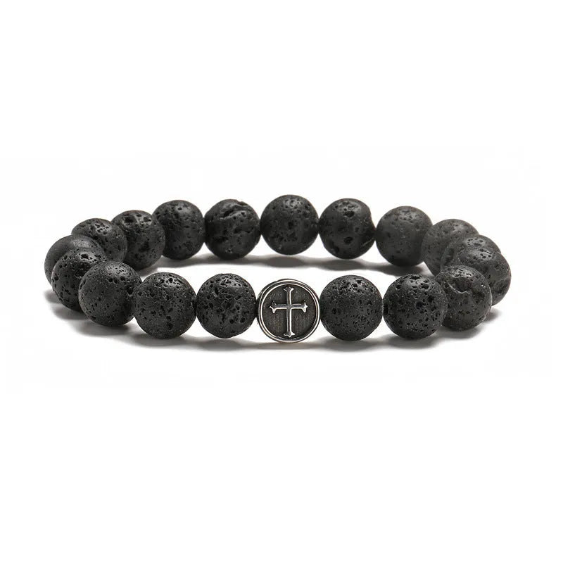 Men's volcanic rock agate bracelet with stainless steel finish showing 10mm diameter beads in volcano colour