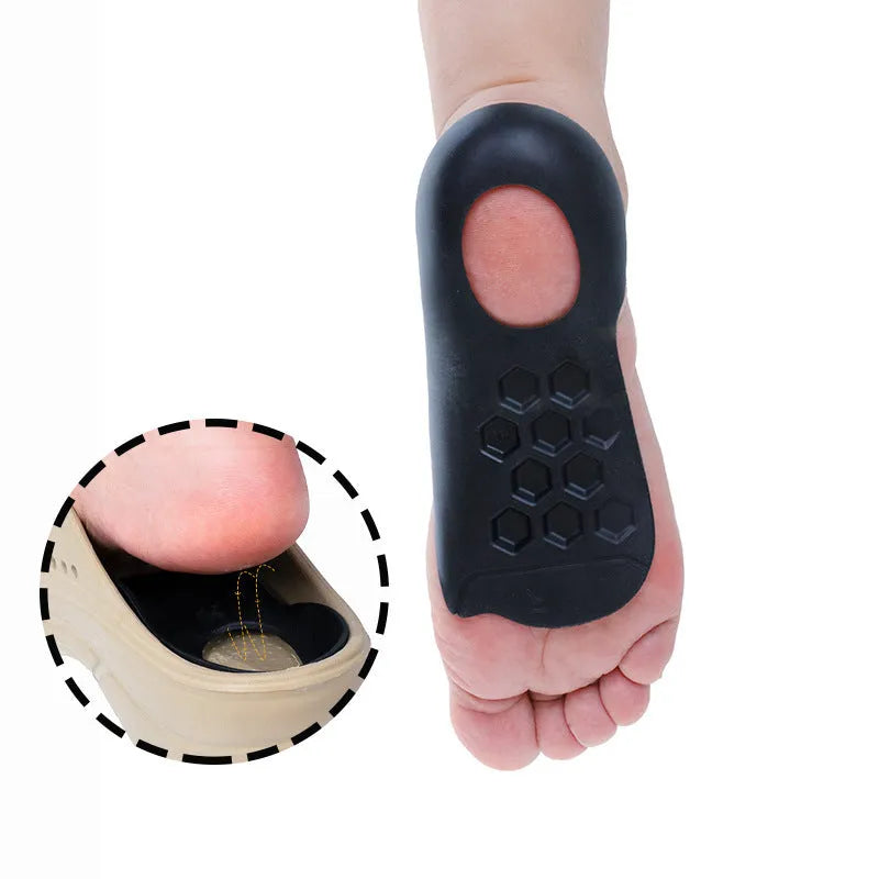 Varus correction arch support insole in TPR material shown in white, black, and skin colour options.