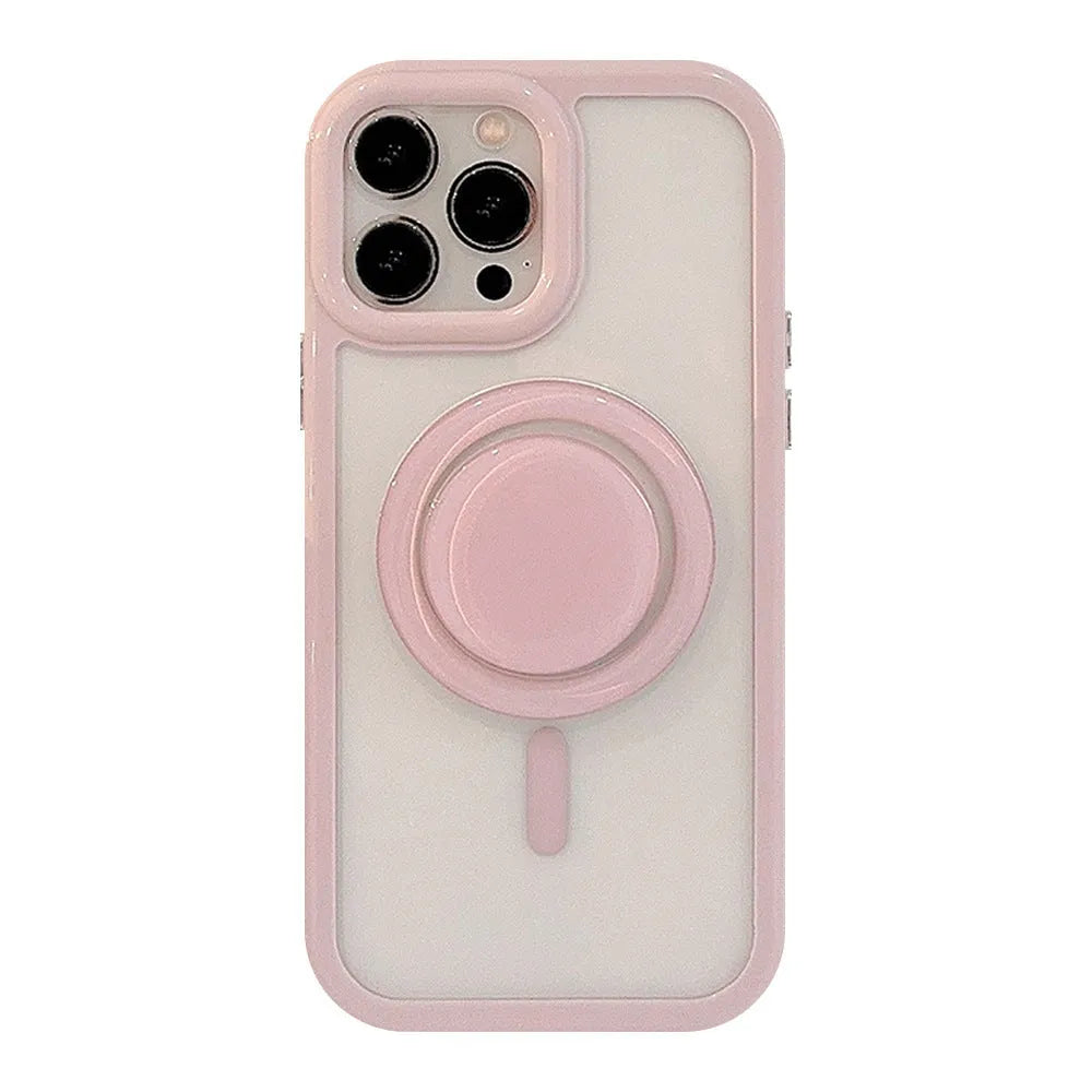 Acrylic magnetic phone case with bracket for iPhone 11-15 Pro Max, solid colour transparent design.