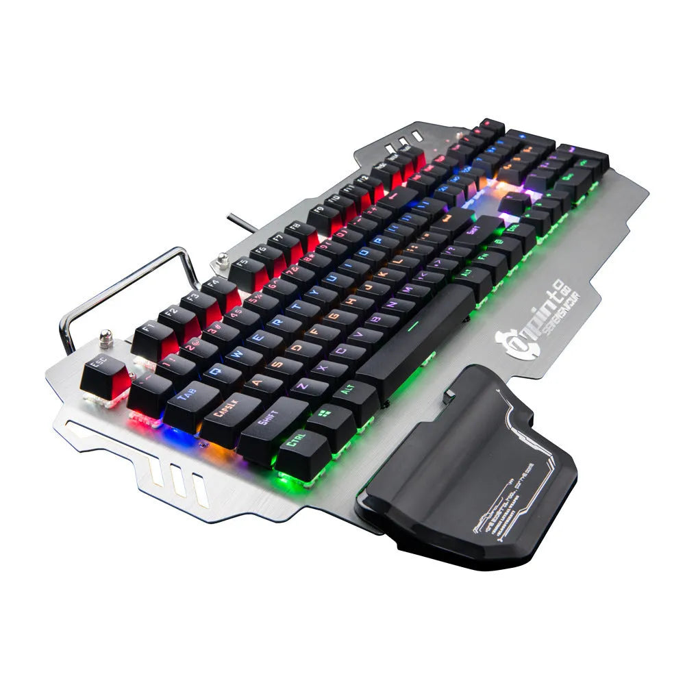 Silver metal panel professional gaming keyboard with built-in wrist splint on a desktop.
