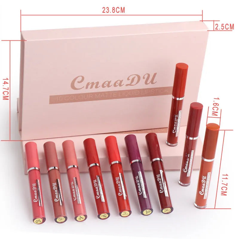Pack of 10 women's matte lipsticks in photo colour with non-stick cup waterproof formula.