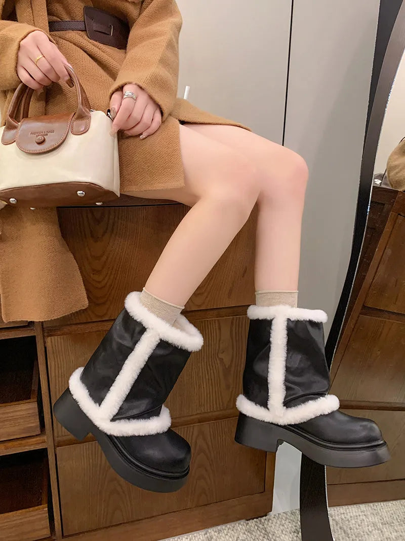 Women's winter faux fur lined short ankle booties with thick bottom and plush trim in black and brown