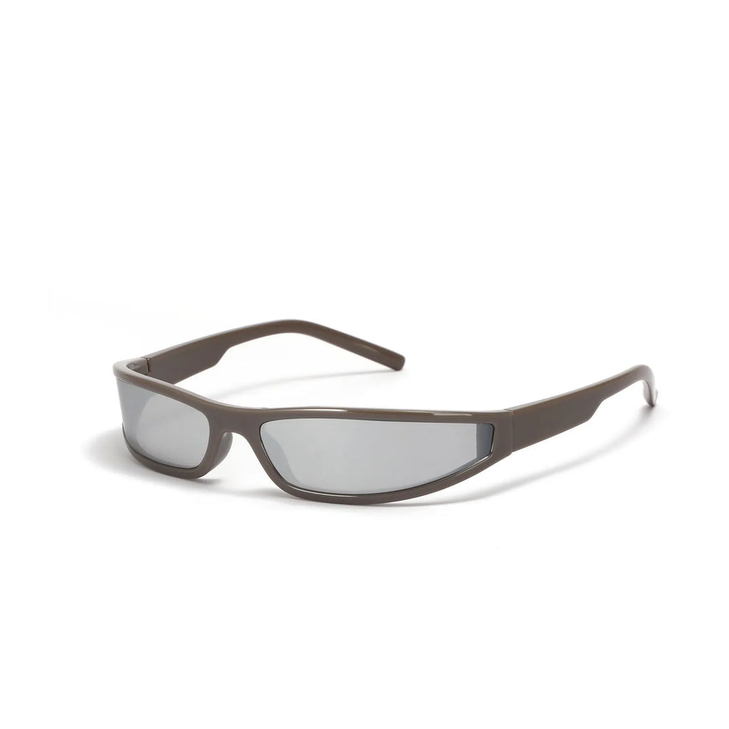 Narrow frame sunglasses with mercury finish in bright black and gray colour, showing future style design with slim profile