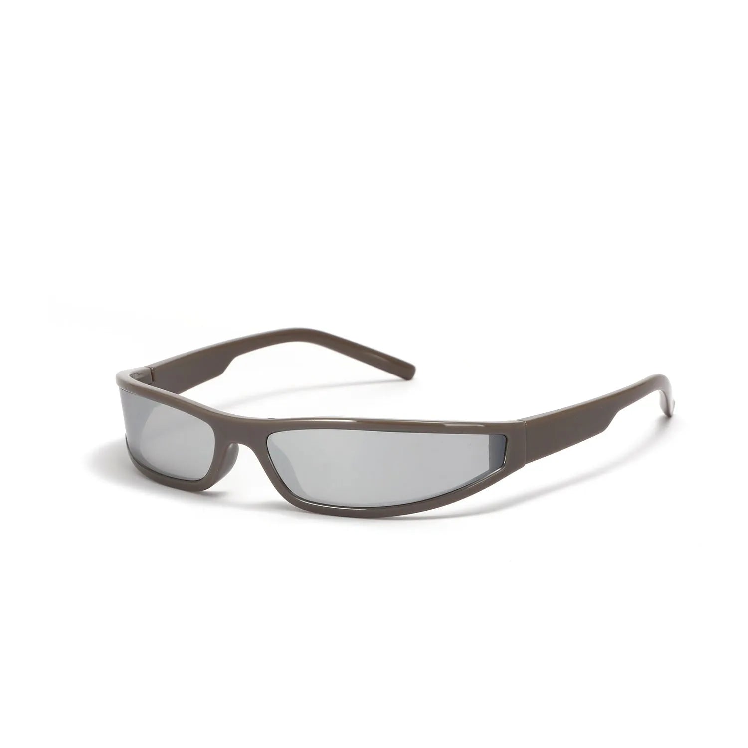 Narrow frame sunglasses with mercury finish in bright black and gray colour, showing future style design with slim profile