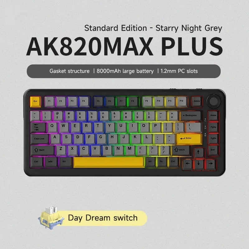 Black, grey and yellow three-mode mechanical keyboard with compact 75% layout showing included accessories