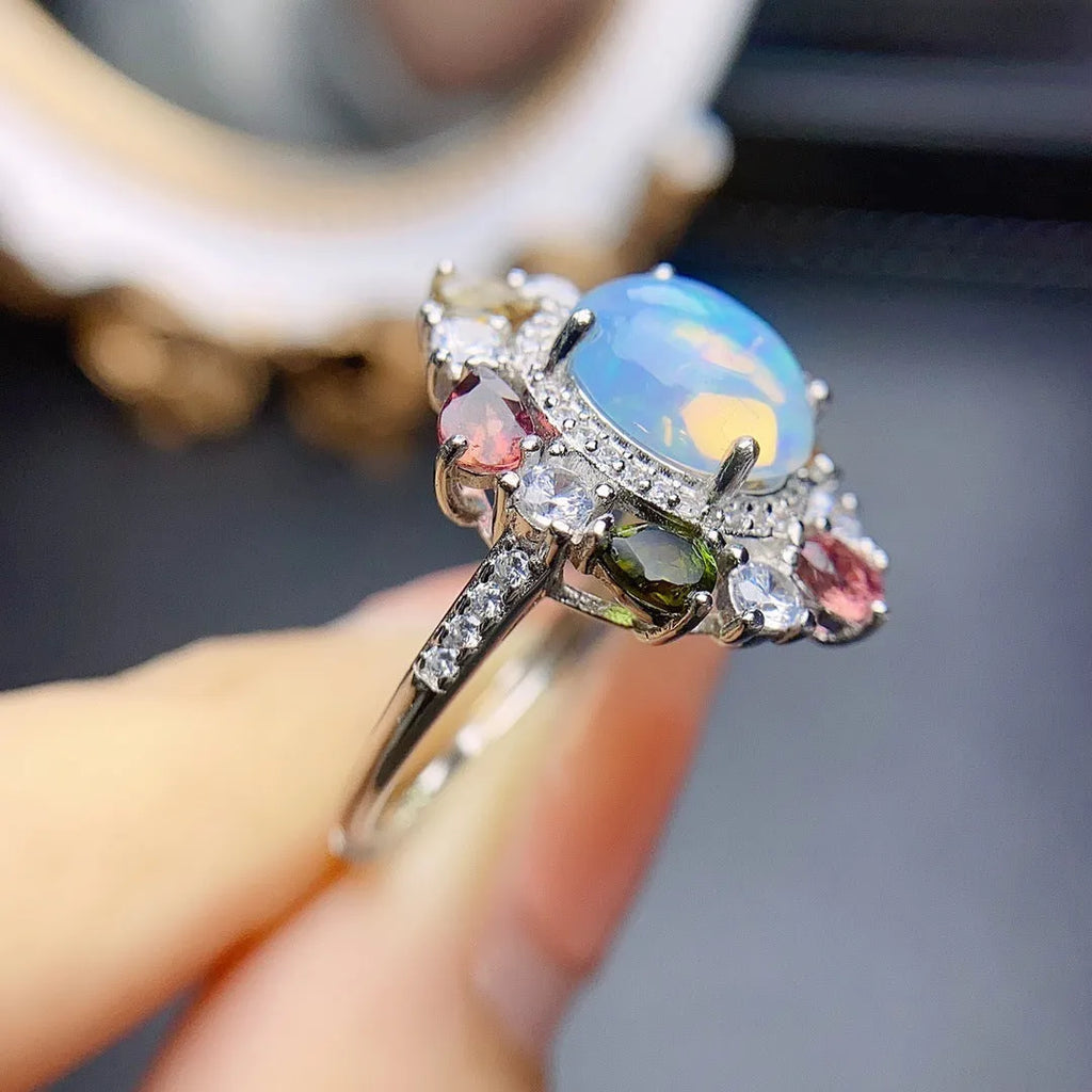 S925 silver opal ring with adjustable open band, women's coloured gemstone design