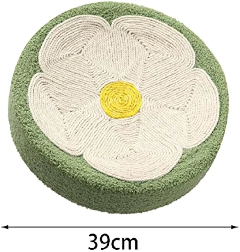 Green round sisal cat scratcher bowl lounge bed, 39cm diameter, for scratching and sleeping.