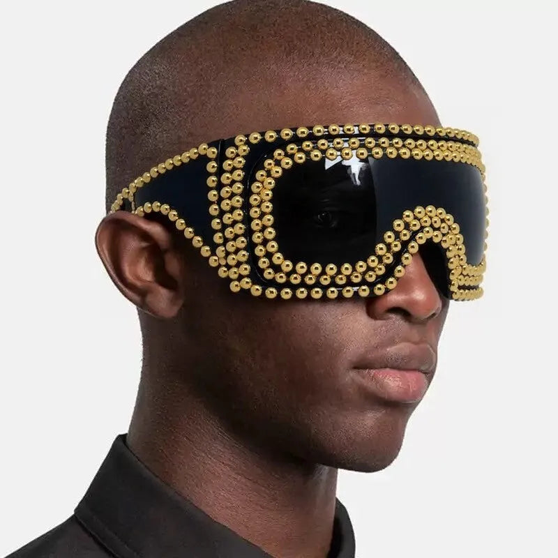 Men's personality punk sunglasses with a super large square frame and silver rivet details.