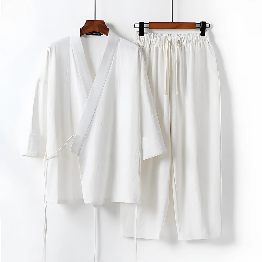 Cotton linen cardigan hanfu two-piece set showing shirt style top with cut sleeves and matching pants