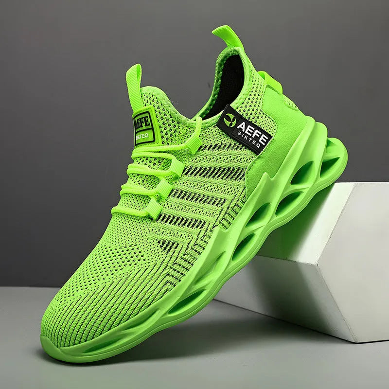 Men's mesh casual running shoes in black with cross strap detailing and lace-up closure