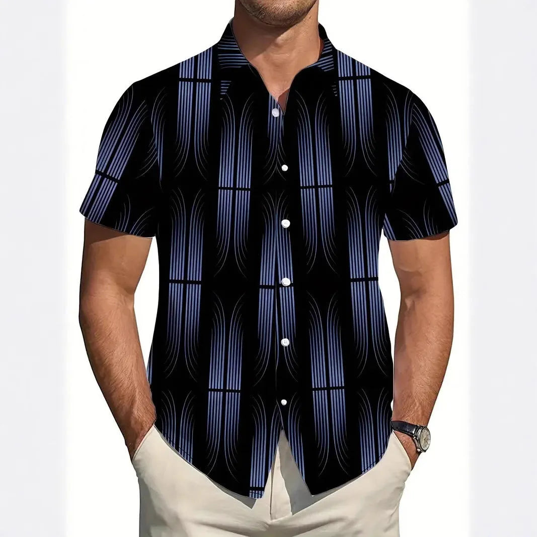 Men's slim fit geometric line print short sleeve shirt with cardigan lapel