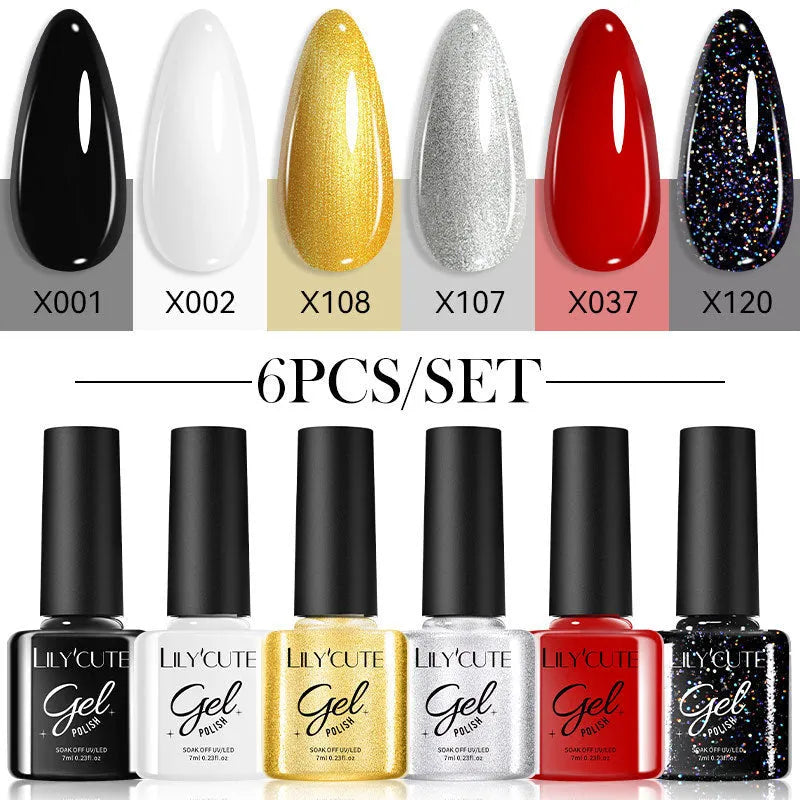UV gel nail polish set showing 20 solid colour bottles including nude, glitter and sequin finishes