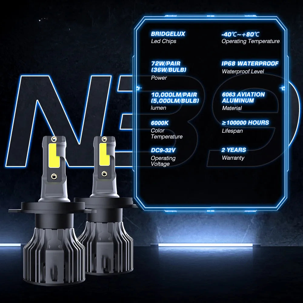 6000K white LED car headlight bulb with adjustable chuck and connector for H7, 9005 fitments.