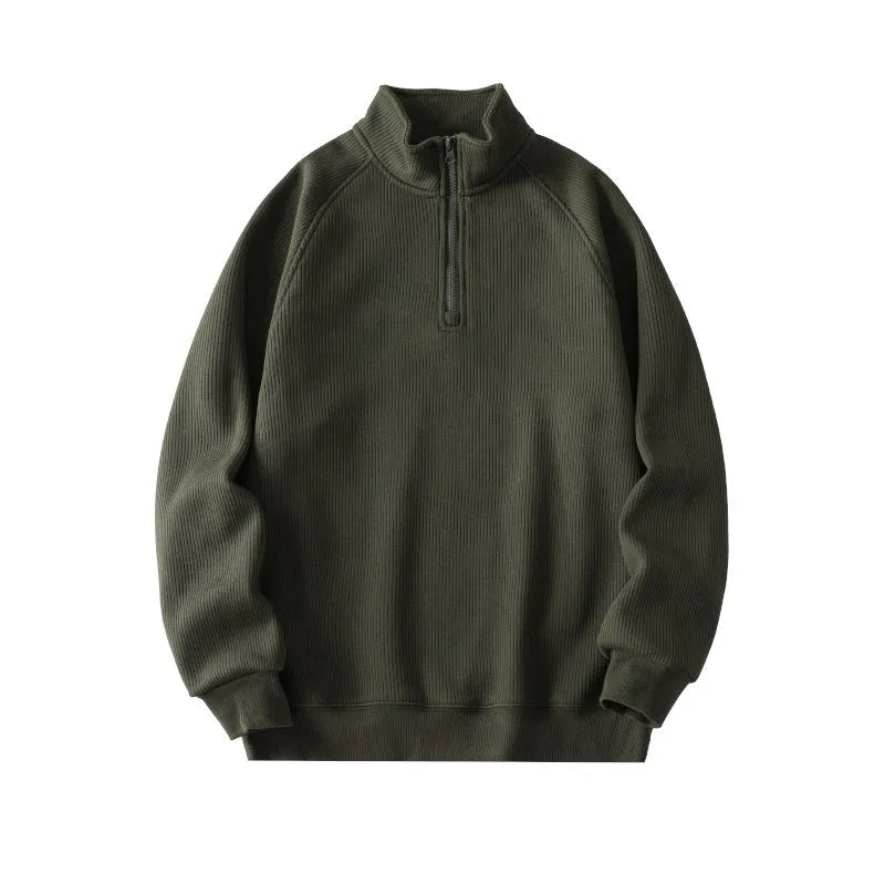 Men's fleece sweatshirt stand-collar long sleeve cotton blend pullover winter top in black