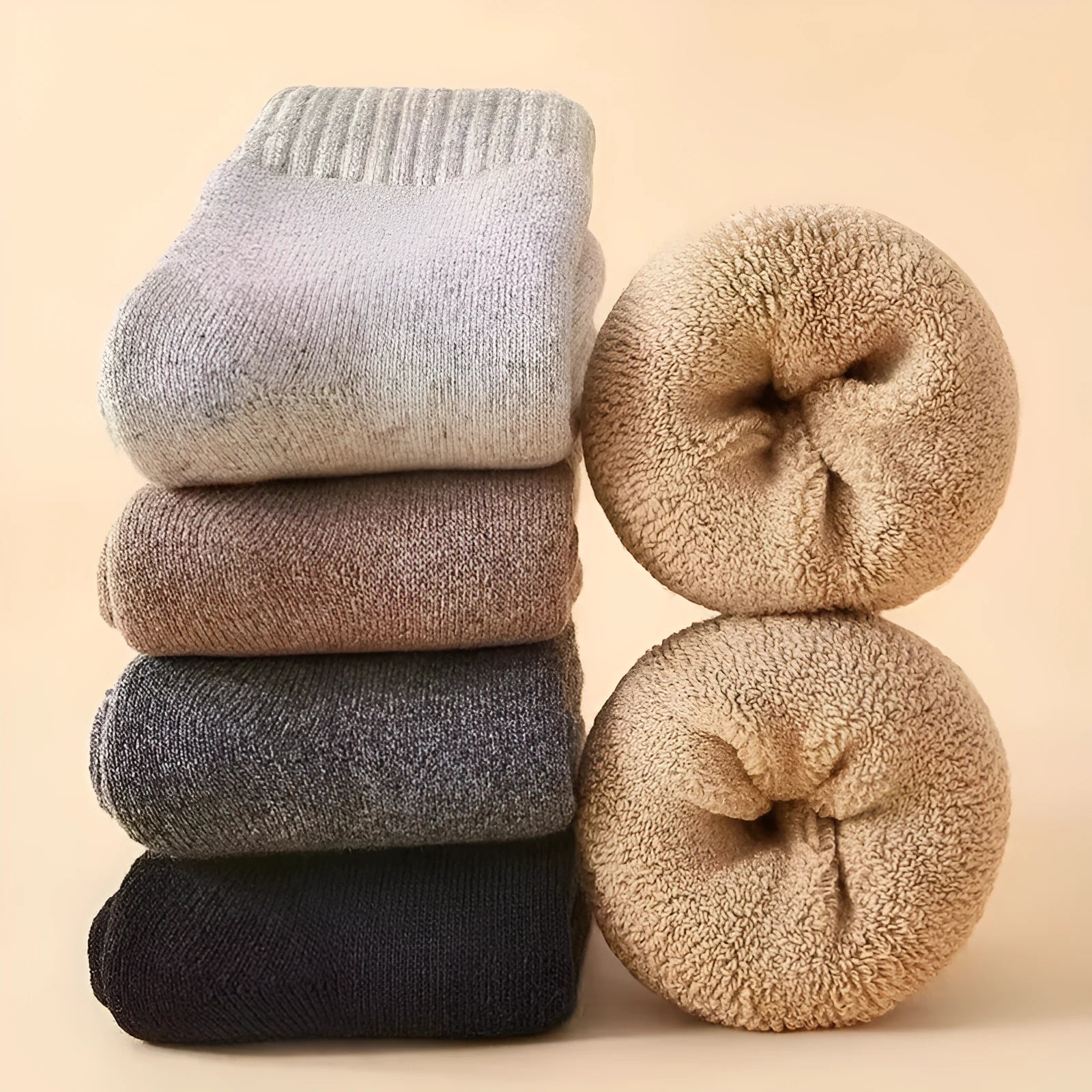 Pair of thick wool socks with a merino wool midsole in a cold-resistant dark grey colour.