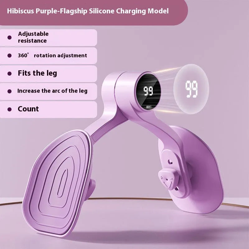 Pink and purple pelvic floor muscle trainer with rubber-coated handles and three resistance settings